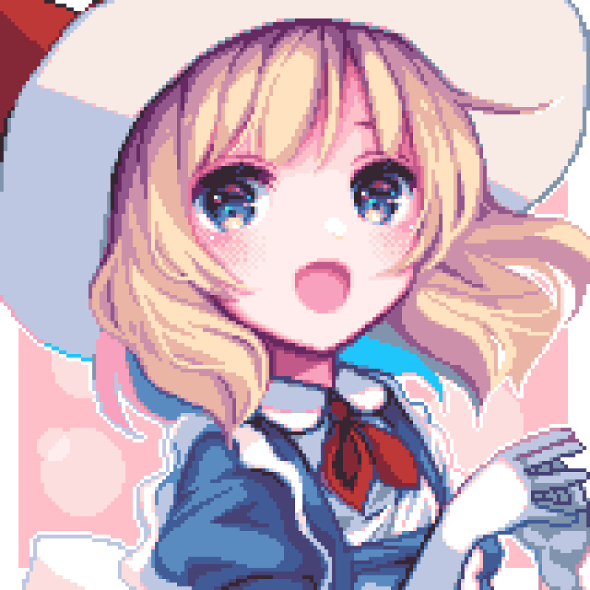 1girl, :d, absurdres, bangs, blonde_hair, blue_eyes, border, dotted_background