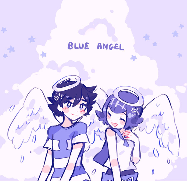 1boy, 1girl, angel_wings, ash_ketchum, bangs, black_hair, blue_hair, blue_pants