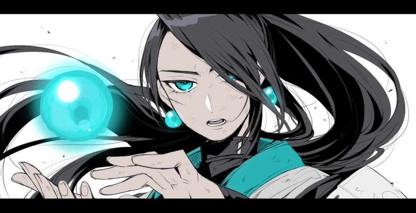 1girl, aqua_eyes, bangs, black_hair, earrings, eyebrows_behind_hair, floating_hair, glowing