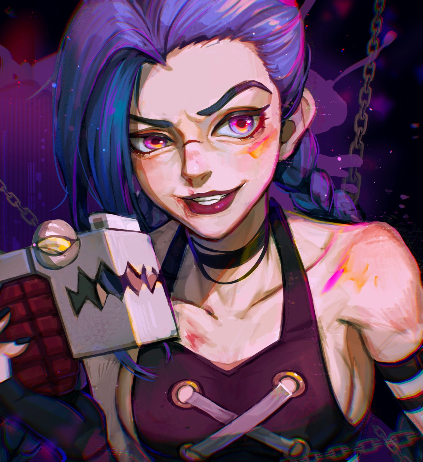 1girl, arcane:_league_of_legends, arcane_jinx, bangs, bare_shoulders, black_background, black_choker, black_gloves