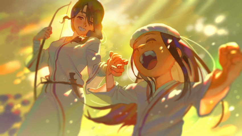 2girls, bandages, black_hair, blurry, blurry_background, bow, brown_eyes, closed_eyes