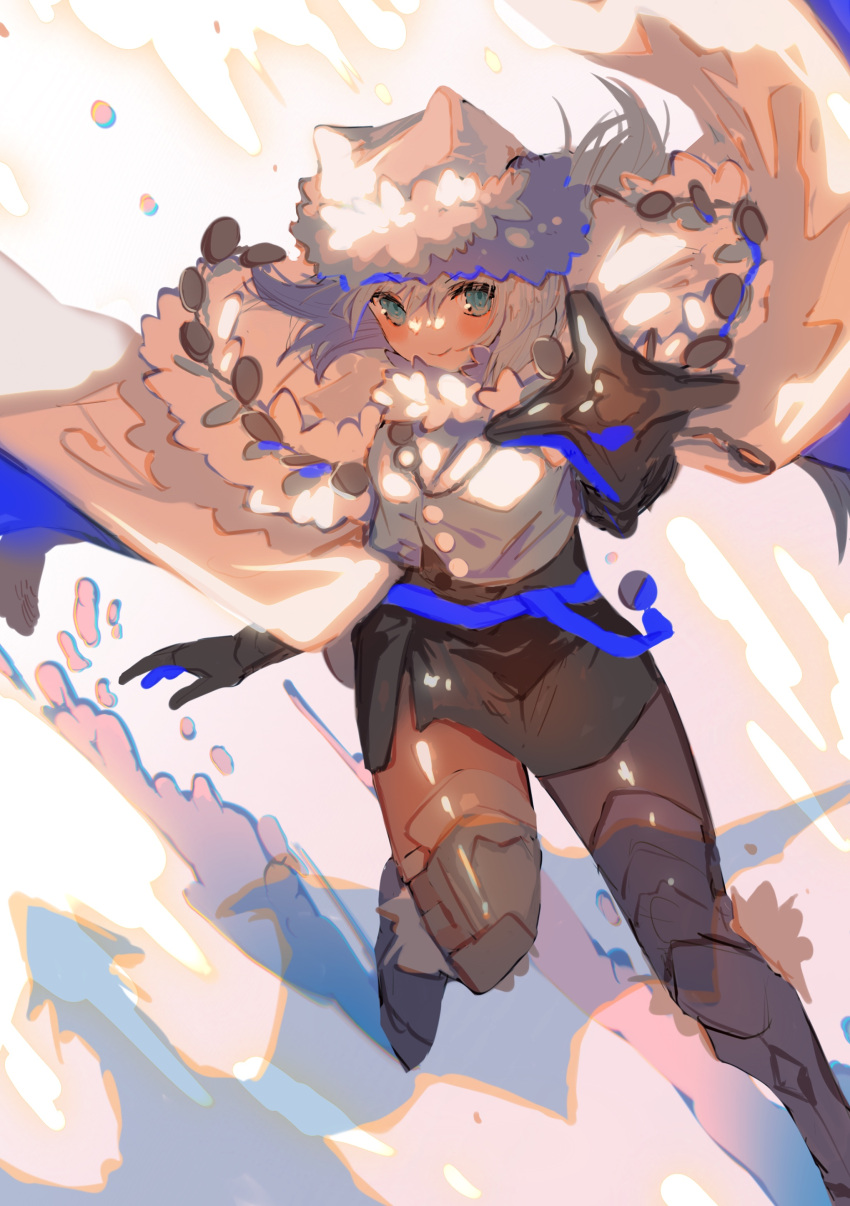 1girl, absurdres, animal_ears, armored_boots, bangs, blue_bow, blue_eyes, blue_ribbon
