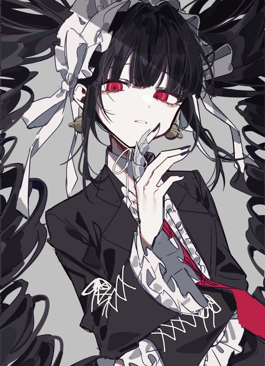 1girl, bangs, black_hair, black_nails, bonnet, celestia_ludenberg, center_frills, claw_ring