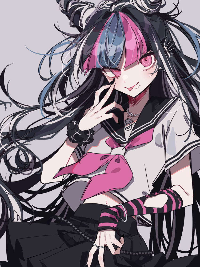1girl, bangs, black_hair, blue_hair, commentary_request, danganronpa_(series), danganronpa_2:_goodbye_despair, ear_piercing