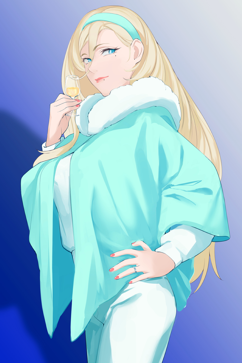 1girl, alternate_costume, aqua_shawl, blonde_hair, blue_eyes, commentary_request, cowboy_shot, fur-trimmed_shawl, fur_trim, hair_between_eyes, hand_on_hip, highres, kantai_collection, long_hair, mole, mole_under_eye, mole_under_mouth, nail_polish, pants, richelieu_(kancolle), shingyou_(alexander-13), solo, white_pants