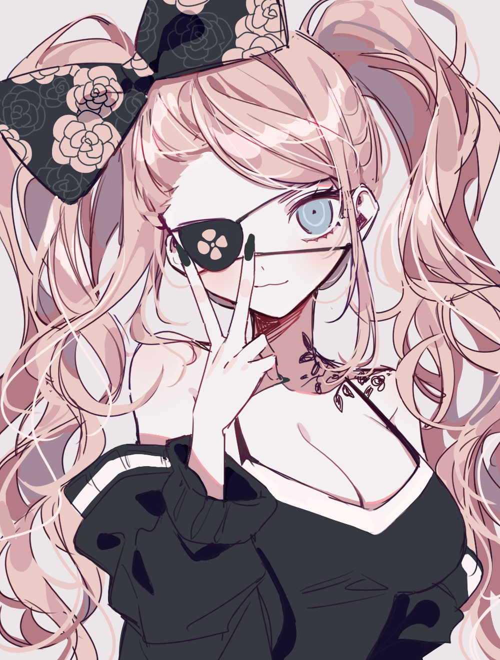 1girl, 3j_dangan, :3, alternate_costume, alternate_hair_ornament, alternate_hairstyle, bangs, bare_shoulders, black_bow, black_eyepatch, black_jacket, black_shirt, blonde_hair, bow, breasts, closed_mouth, collarbone, commentary_request, danganronpa:_trigger_happy_havoc, danganronpa_(series), enoshima_junko, eyepatch, floral_print, grey_background, hair_bow, highres, jacket, large_breasts, long_hair, long_sleeves, messy_hair, shiny, shiny_hair, shirt, simple_background, smile, solo, twintails, upper_body, v, v_over_eye
