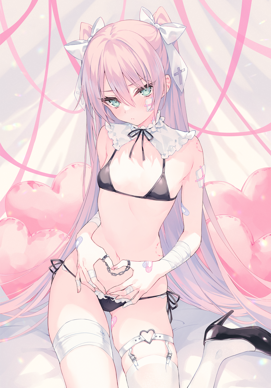 1girl, bandaid, banned_artist, bare_shoulders, bikini, black_bikini, blue_eyes, bow