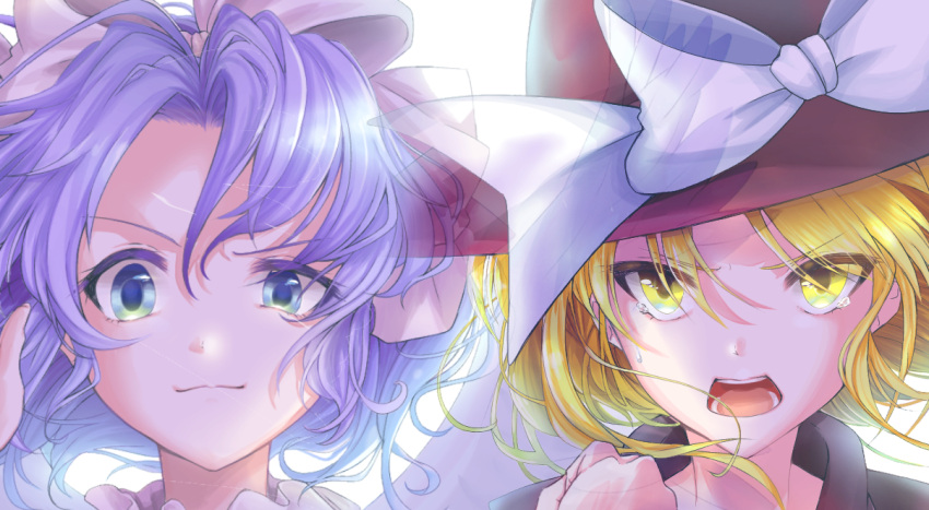 2girls, angry, bangs, black_shirt, blonde_hair, blue_eyes, blue_hair, bow, brown_headwear, clenched_hand, closed_mouth, commentary_request, crying, crying_with_eyes_open, dress, fedora, furious, hair_ribbon, hat, hat_bow, looking_at_viewer, mai_(touhou), multiple_girls, open_mouth, parted_bangs, ribbon, shirt, short_hair, simple_background, smirk, tears, touhou, touhou_(pc-98), user_regk4543, v-shaped_eyebrows, white_background, white_bow, white_dress, white_ribbon, yellow_eyes, yuki_(touhou)