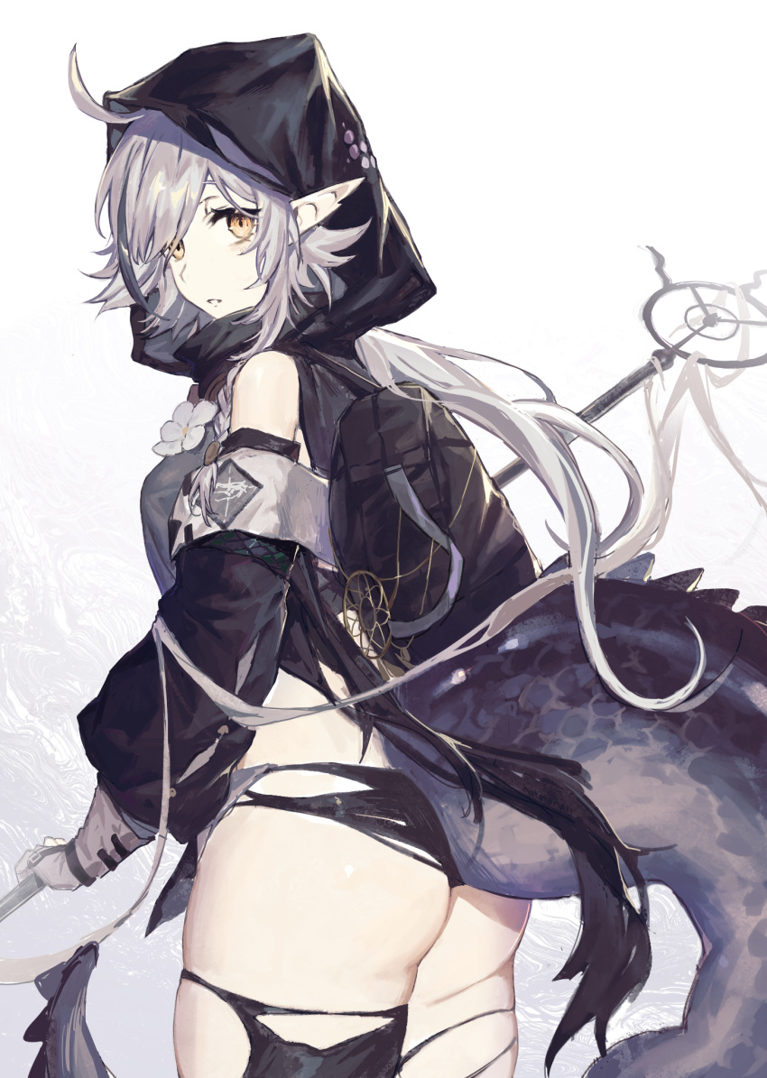 1girl, ahoge, arknights, ass, backpack, bag, bangs, black_legwear, cowboy_shot, crocodilian_tail, detached_sleeves, eyebrows_behind_hair, from_behind, gradient, gradient_background, grey_background, hatotonaru, highres, holding, holding_staff, hood, hood_up, large_tail, long_hair, long_sleeves, looking_at_viewer, looking_back, low_ponytail, parted_lips, pointy_ears, revealing_clothes, silver_hair, solo, staff, tail, thigh-highs, tomimi_(arknights), torn_clothes, torn_legwear, white_background, yellow_eyes