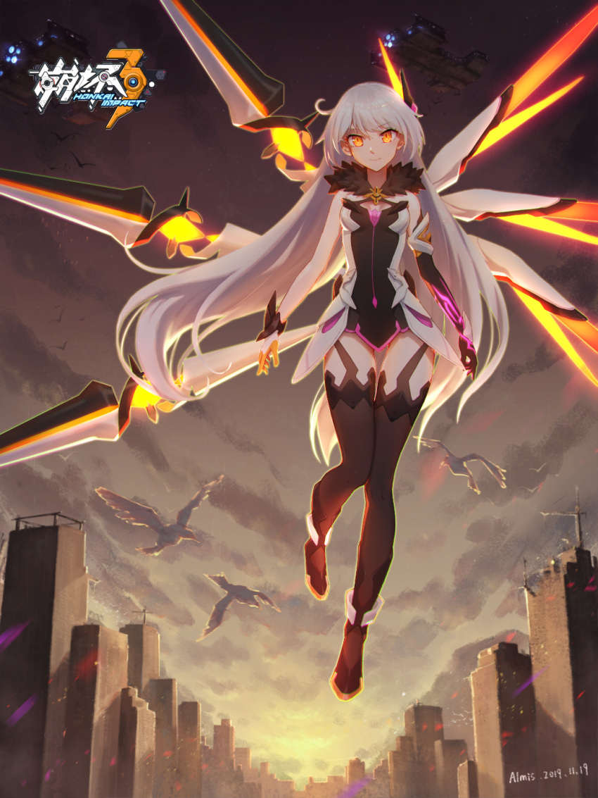 1girl, ahoge, armor, armored_dress, artist_name, backlighting, battlecruiser_(starcraft), bird, breasts, building, cityscape, commentary, copyright_name, crossover, dated, diamond-shaped_pupils, diamond_(shape), elbow_gloves, energy_wings, english_commentary, expressionless, floating, floating_hair, full_body, fur_collar, gloves, glowing, glowing_eyes, highres, honkai_(series), honkai_impact_3rd, kiana_kaslana, kiana_kaslana_(herrscher_of_the_void), light_purple_hair, long_hair, looking_at_viewer, medium_breasts, neon_trim, orange_eyes, single_elbow_glove, skyscraper, smile, solo, space_craft, starcraft, symbol-shaped_pupils, thigh-highs, thigh_gap, very_long_hair, xiaoxiao_de_silian