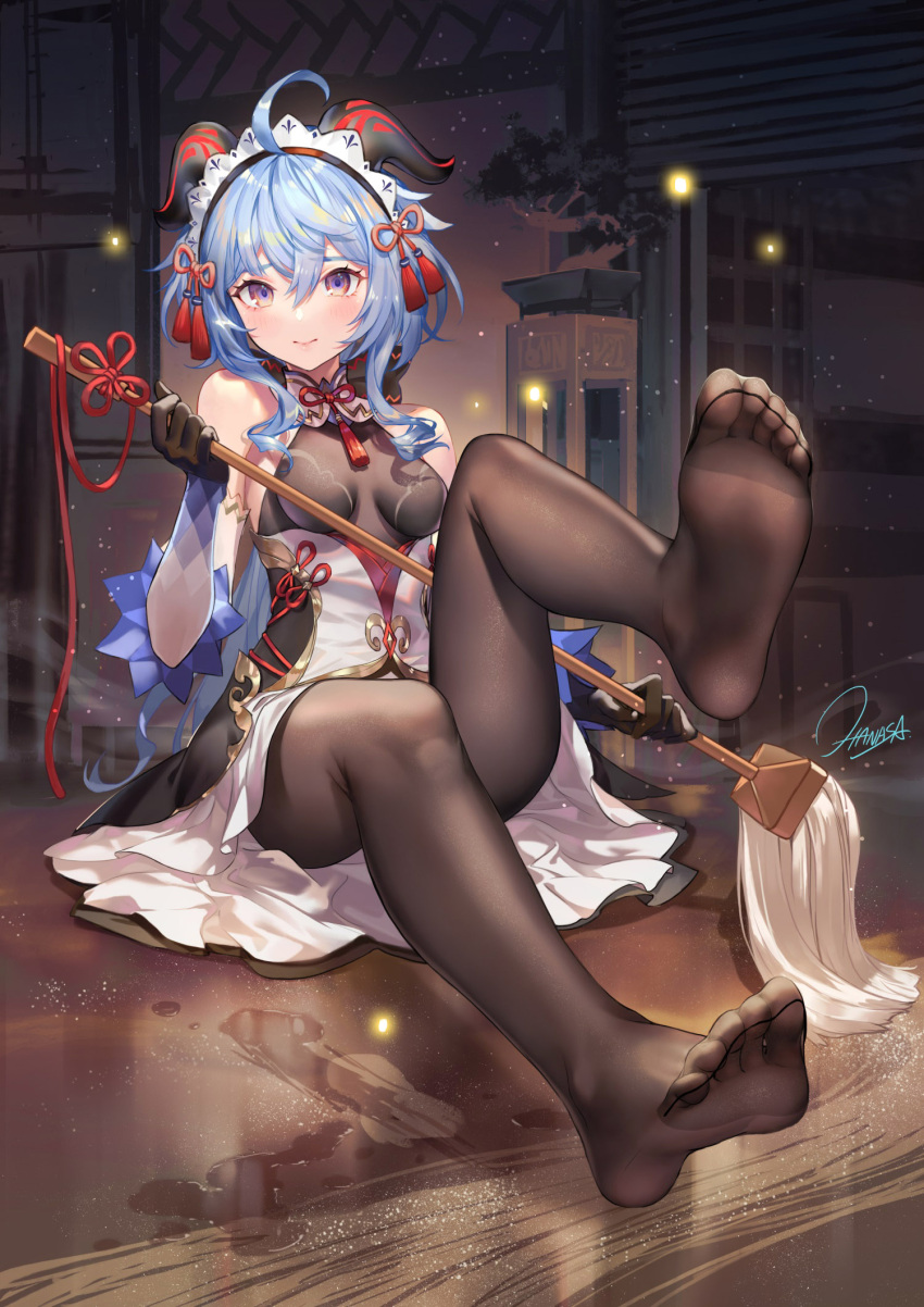 1girl, accident, ahoge, bangs, bare_shoulders, black_dress, black_gloves, blue_hair