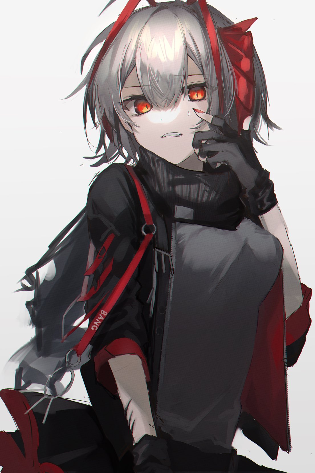 1girl, antenna_hair, arknights, bangs, black_gloves, black_jacket, black_scarf, black_skirt