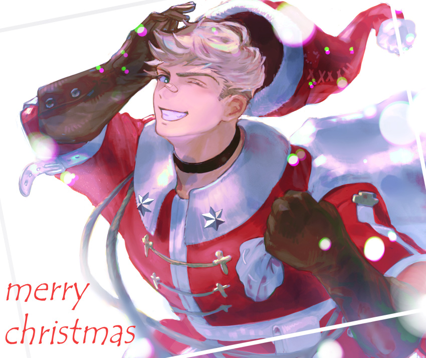 >_o, 1boy, bandaid, bandaid_on_face, bandaid_on_nose, bangs, black_choker, blonde_hair, brown_gloves, choker, gift_bag, gloves, granblue_fantasy, green_eyes, hat, hat_removed, headwear_removed, highres, jacket, kshbjb3bppui9om, male_focus, merry_christmas, one_eye_closed, red_jacket, santa_costume, santa_hat, short_hair, smile, solo, star_ornament, teeth, upper_body, vane_(granblue_fantasy)