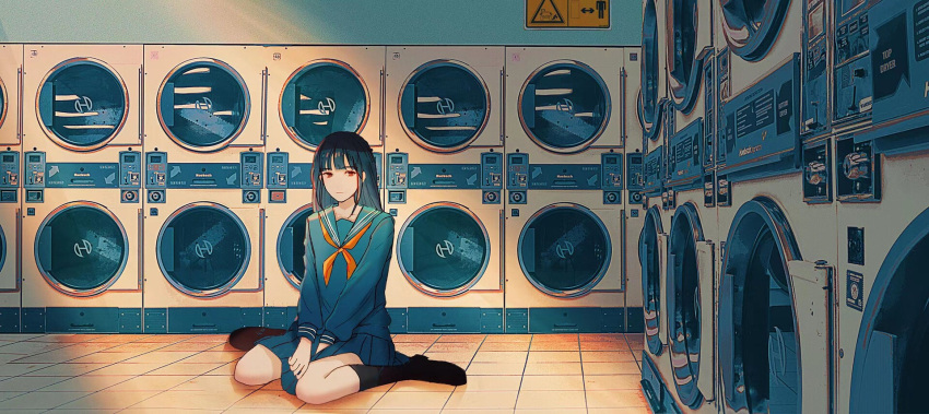 1girl, bangs, black_hair, blue_skirt, blush, brown_eyes, highres, laundromat