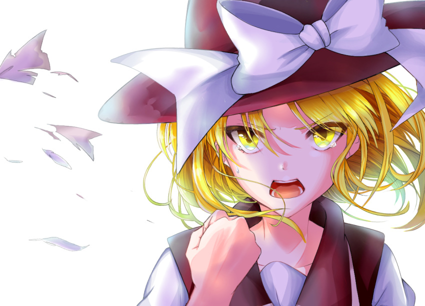 1girl, angry, blonde_hair, bow, brown_headwear, brown_shirt, clenched_hand, crying