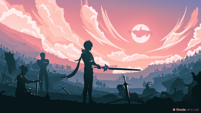1boy, 2others, absurdres, arrow_(projectile), banner, battlefield, boots, clouds