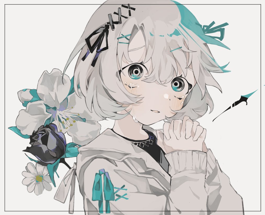 1girl, aqua_eyes, aqua_hair, aqua_ribbon, black_flower, black_rose, crossed_arms, crying
