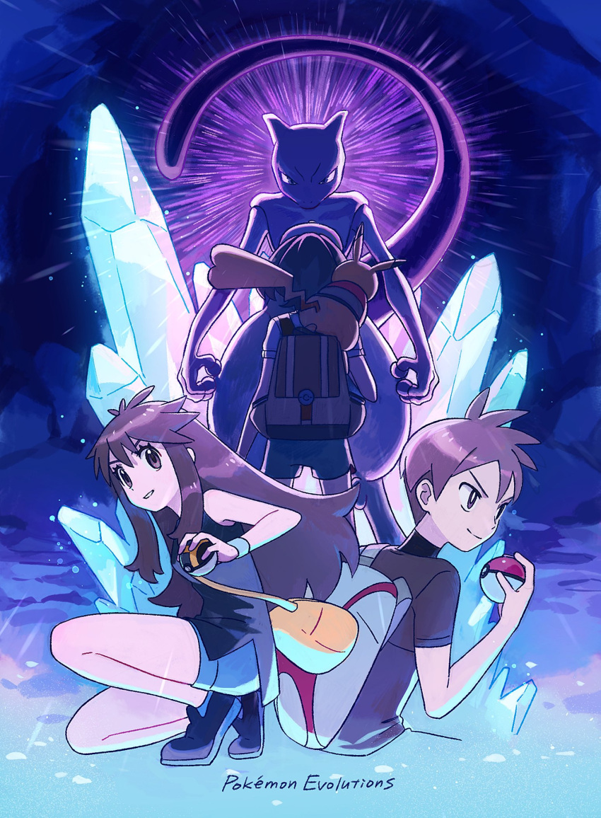 1boy, 2girls, backpack, bag, blue_shorts, brown_hair, cave_interior, copyright_name