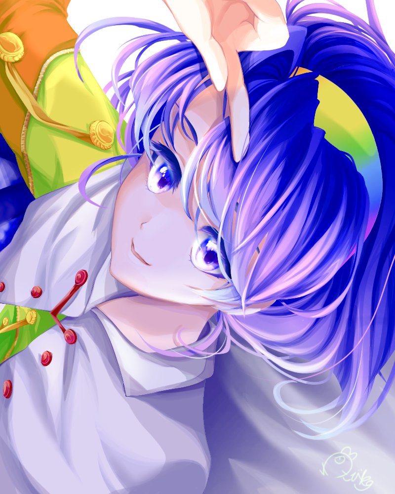 blue_eyes, blue_hair, cape, cloak, commentary_request, eyelashes, face, multicolored_clothes