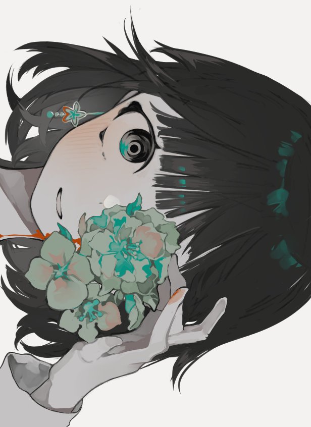 1girl, aqua_eyes, aqua_flower, bangs, black_eyes, black_hair, blood, blood_on_face
