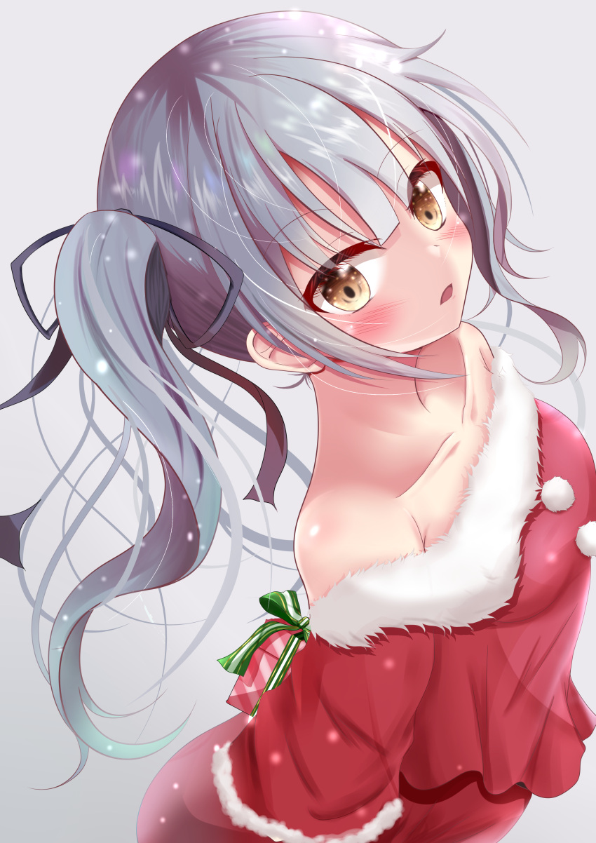 1girl, absurdres, arms_behind_back, bangs, bare_shoulders, black_ribbon, blush, box