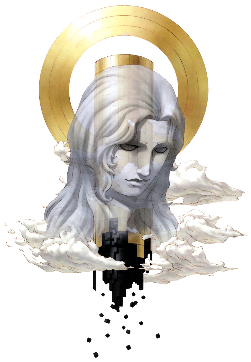 1girl, absurdres, babel_(megami_tensei), blank_eyes, clouds, colored_skin, cube, full_body