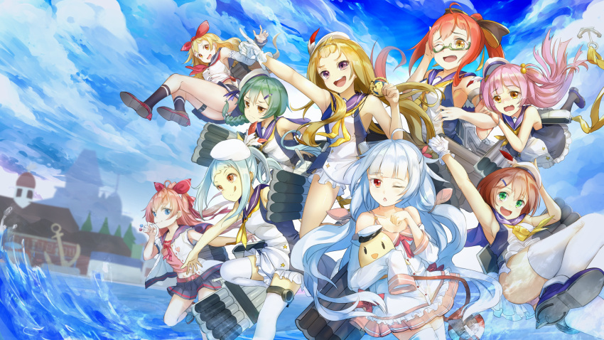6+girls, :q, ahoge, anchor, arm_up, armpits, ass, aulick_(azur_lane)