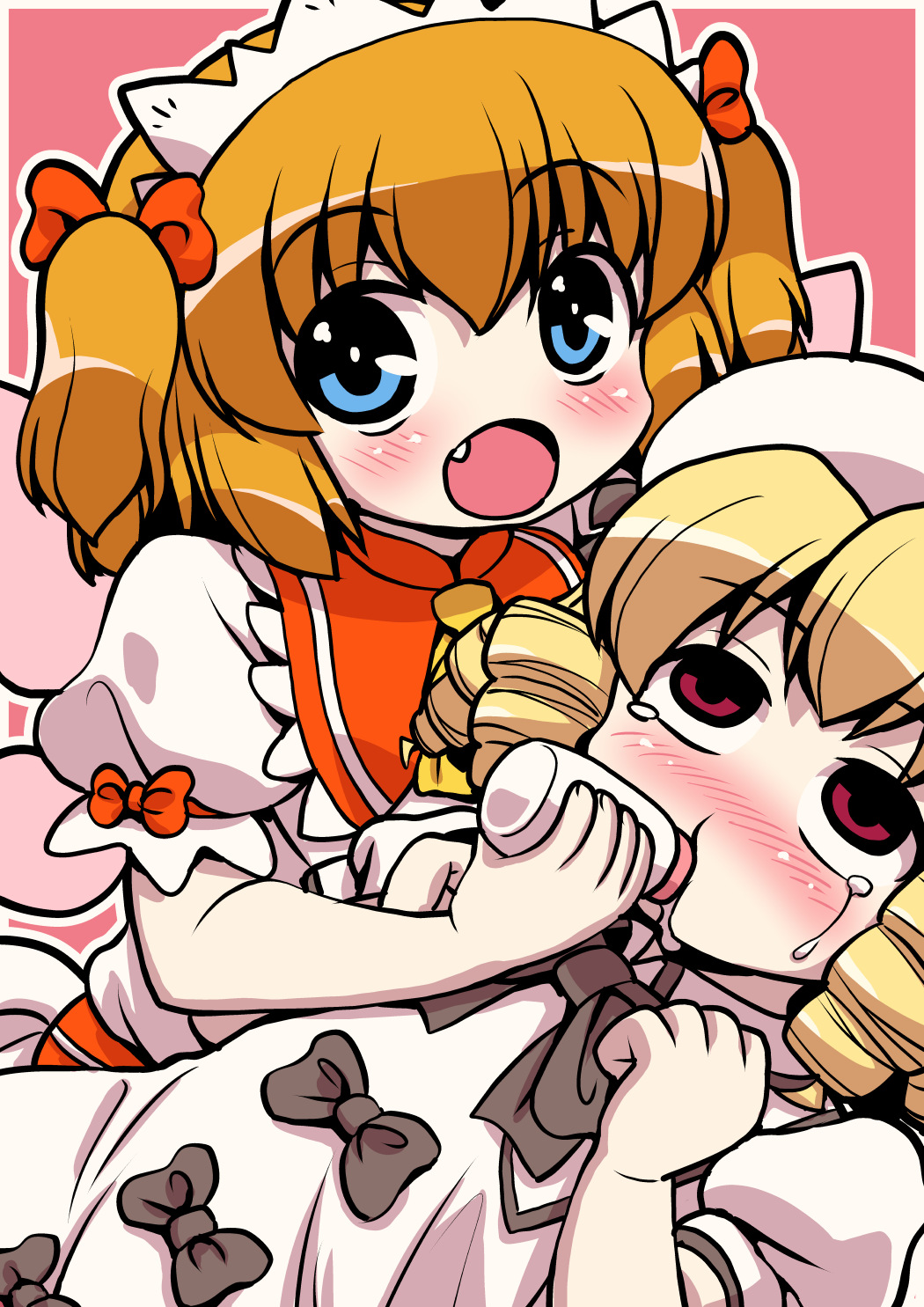 2girls, adult_baby, baby_bottle, black_bow, black_bowtie, blonde_hair, blue_eyes, blush