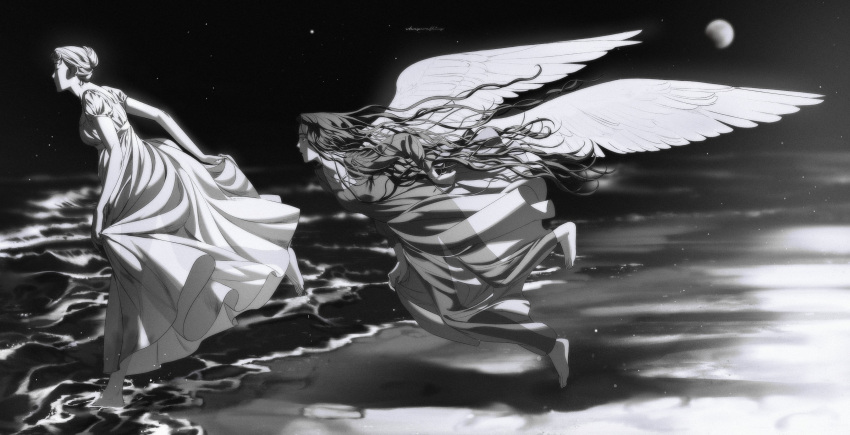 1508_1508, 2girls, absurdres, barefoot, beach, blurry, breasts, chasing, closed_eyes, commentary, depth_of_field, english_commentary, feathered_wings, fleeing, flying, from_side, full_moon, greyscale, hair_bun, highres, long_hair, long_sleeves, looking_at_another, monochrome, moon, multiple_girls, night, nightgown, ocean, original, outdoors, parted_lips, profile, puffy_long_sleeves, puffy_short_sleeves, puffy_sleeves, running, see-through_silhouette, shadow, short_sleeves, skirt_hold, sleepwalking, sleepwear, star_(sky), very_long_hair, wading, wavy_hair, wings