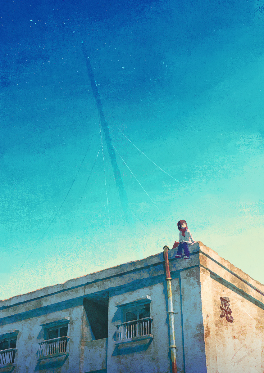 1girl, bangs, brown_hair, building, day, glasses, hair_bun, highres, jacket, original, pipe, railing, scarf, scenery, sitting, sky, star_(sky), sunlight, syanisu, tower, window
