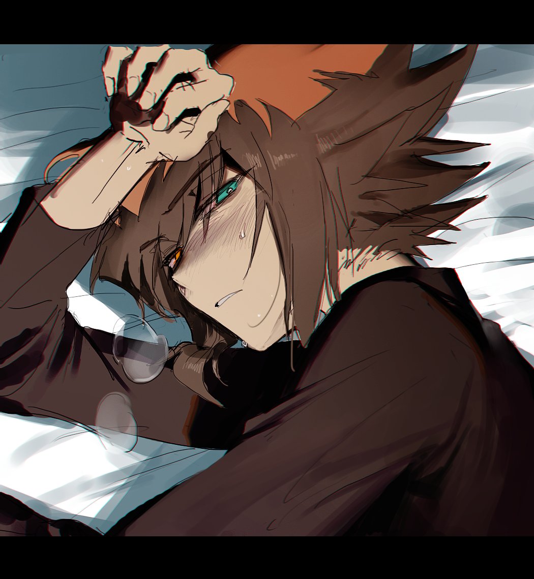 1boy, bangs, black_shirt, blush, breaths, brown_hair, cocaduel, heterochromia