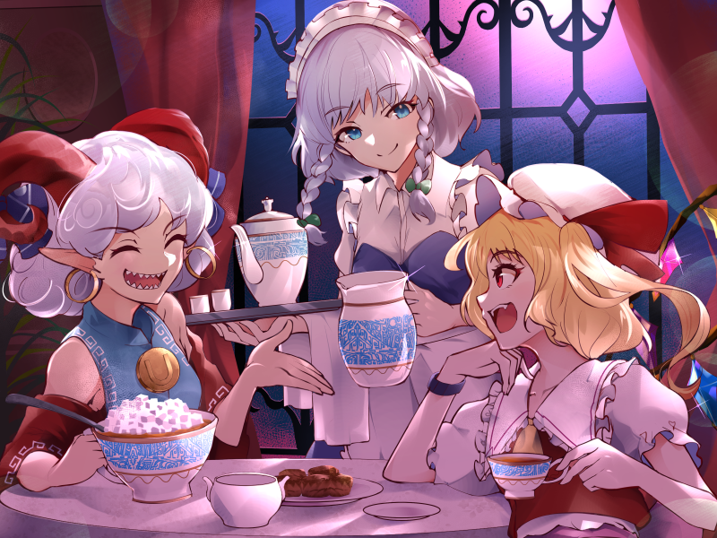 13-gou, 3girls, arm_up, ascot, bangs, bare_shoulders, black_wristband, blue_eyes, blush, bow, chair, closed_eyes, collared_shirt, commentary_request, crystal, cup, curled_horns, curly_hair, detached_sleeves, earrings, eyelashes, fangs, flandre_scarlet, frilled_shirt_collar, frills, goat_horns, green_ribbon, hair_ribbon, hand_towel, hat, hat_bow, hat_ribbon, holding, holding_teapot, holding_tray, horns, horseshoe, indoors, izayoi_sakuya, jewelry, laughing, looking_at_another, maid, maid_headdress, mob_cap, multiple_girls, necklace, night, one_side_up, open_mouth, plate, pointy_ears, puffy_short_sleeves, puffy_sleeves, red_bow, red_curtains, red_eyes, red_horns, red_ribbon, red_sleeves, red_vest, ribbon, sharp_teeth, shirt, short_hair, short_sleeves, side_ponytail, sidelocks, silver_hair, sitting, smile, standing, table, tablecloth, teacup, teapot, teeth, touhou, touhou_gouyoku_ibun, toutetsu_yuuma, tray, tress_ribbon, twintails, vest, white_headwear, window, wing_collar, wings, yellow_ascot