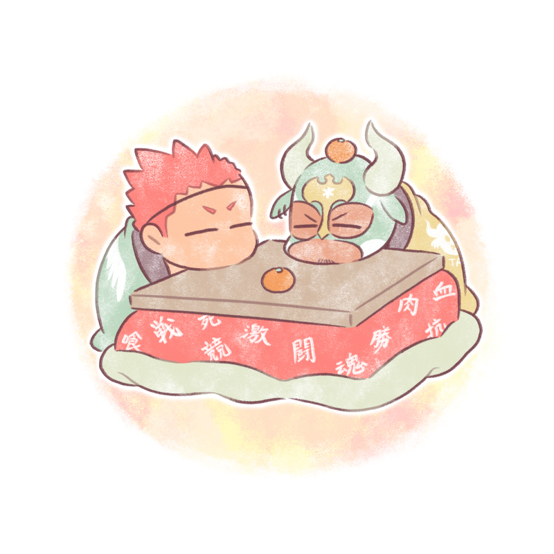 2boys, animal_ears, chibi, cow_ears, cow_horns, fake_animal_ears, food, fruit
