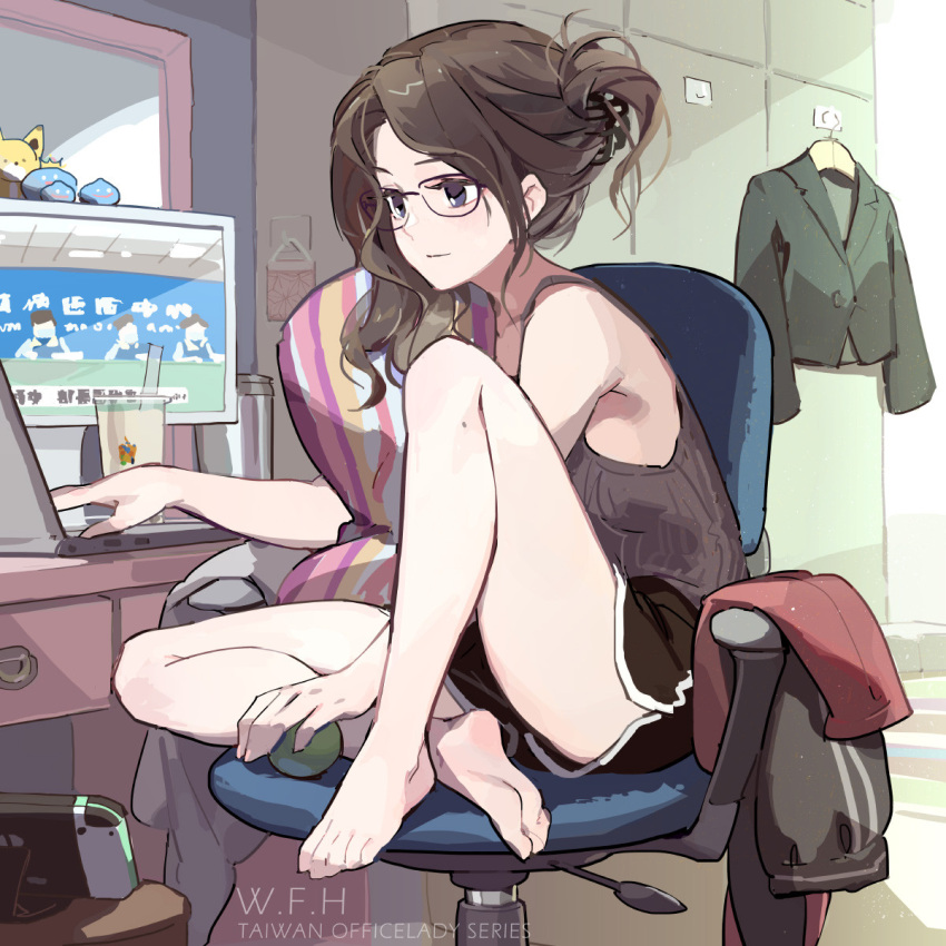 1girl, armpit_peek, ball, bangs, black_hair, blue_eyes, bubble_tea, chair