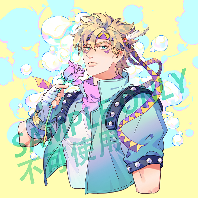 1boy, battle_tendency, blonde_hair, blue_eyes, blue_jacket, caesar_anthonio_zeppeli, cropped_torso, facial_mark