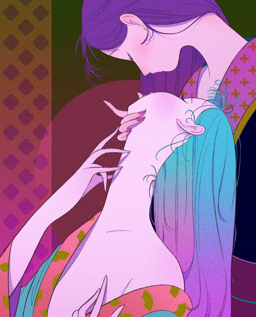 2girls, aqua_hair, bangs, blue_hair, blush, closed_eyes, gradient_hair, highres