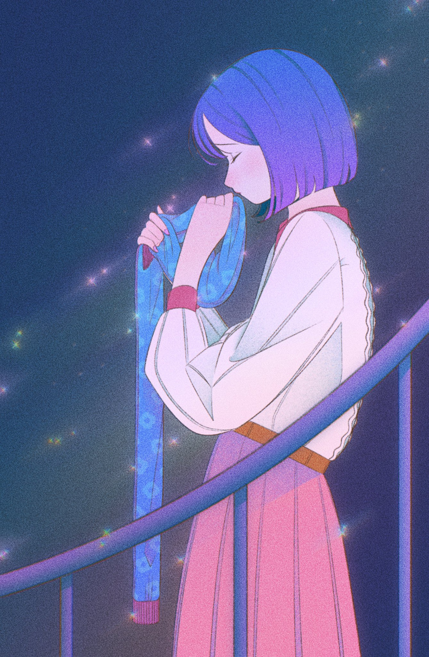 1girl, blue_hair, blue_scarf, blunt_ends, closed_eyes, cowboy_shot, gradient_hair, hands_up