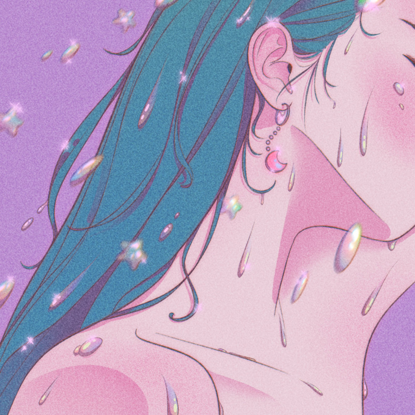 1girl, aqua_hair, arm_up, blush, collarbone, crescent, crescent_earrings, earrings