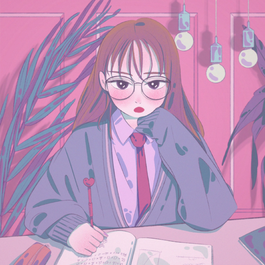 1girl, black_eyes, blush, book, brown_hair, cardigan, collared_shirt, grey_cardigan