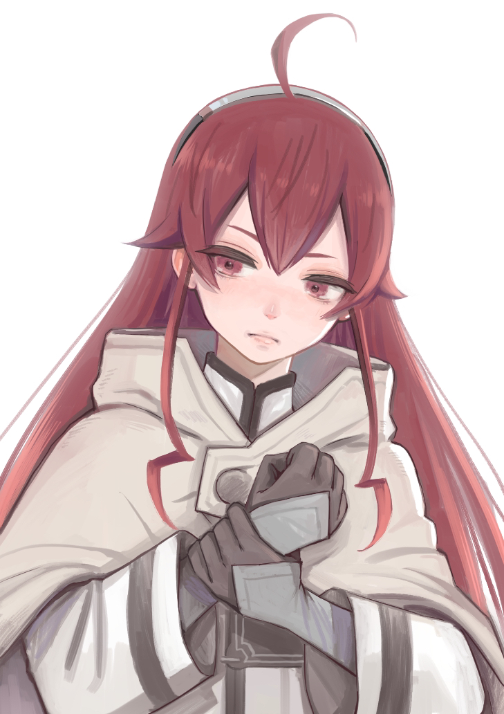 1girl, bangs, blush, cloak, collared_shirt, cowlick, eris_greyrat, frown