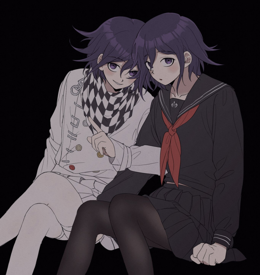 2boys, bangs, bibi_(p_pp8888), black_background, black_legwear, black_sailor_collar, black_scarf, black_shirt