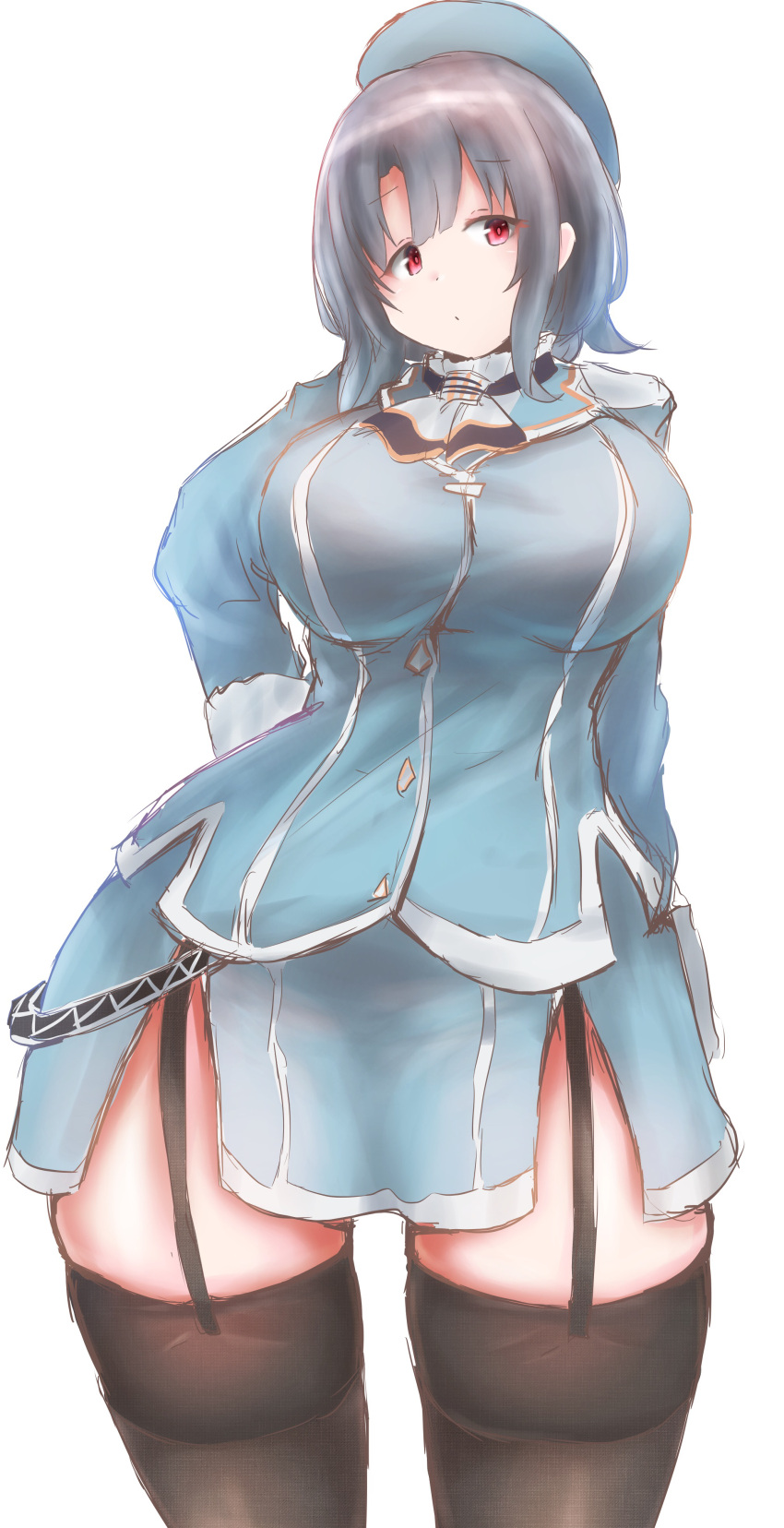 1girl, arm_under_breasts, bangs, beret, black_gloves, black_hair, blue_headwear, breasts, closed_mouth, gloves, grey_background, hat, high_collar, highres, kantai_collection, large_breasts, military, military_uniform, red_eyes, saamon_(salmonkomaku), short_hair, takao_(kantai_collection), uniform, white_neckwear