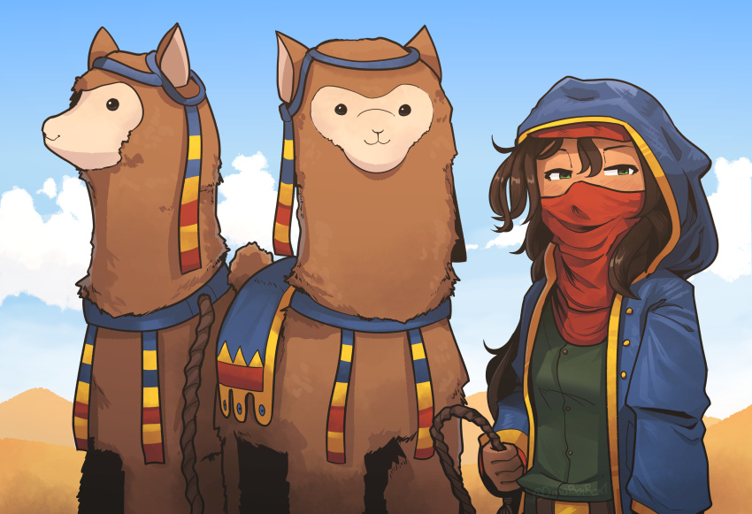 1girl, blush, brown_hair, clothing_request, clouds, dark-skinned_female, dark_skin, desert, dino-rex-makes, english_commentary, genderswap, genderswap_(mtf), green_eyes, highres, llama, long_hair, minecraft, sky, solo, upper_body, wandering_trader_(minecraft)
