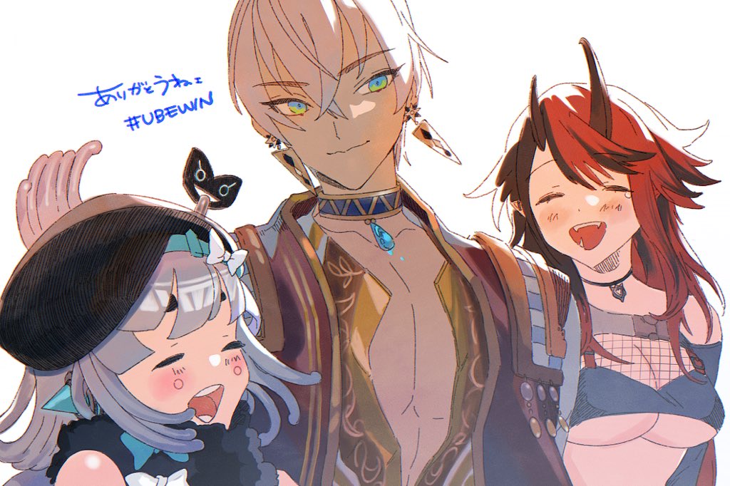1boy, 2girls, and_uge, bangs, beret, bikini, bikini_top, black_bikini, black_hair, black_headwear, black_vest, blue_eyes, blush, breasts, choker, closed_eyes, closed_mouth, commentary_request, demon_girl, demon_horns, earrings, eyebrows_visible_through_hair, fishnet_top, fishnets, grey_hair, hat, horns, ibrahim_(nijisanji), jewelry, large_breasts, long_hair, multicolored_hair, multiple_girls, necklace, nijisanji, o_lo3253, official_alternate_costume, open_clothes, open_mouth, open_vest, pectoral_cleavage, pectorals, pointy_ears, redhead, ryugasaki_rene, short_hair, shrug_(clothing), simple_background, smile, sugar_lyric, swimsuit, two-tone_hair, under_boob, upper_body, v_ap_art, vest, virtual_youtuber, white_background, winding_key