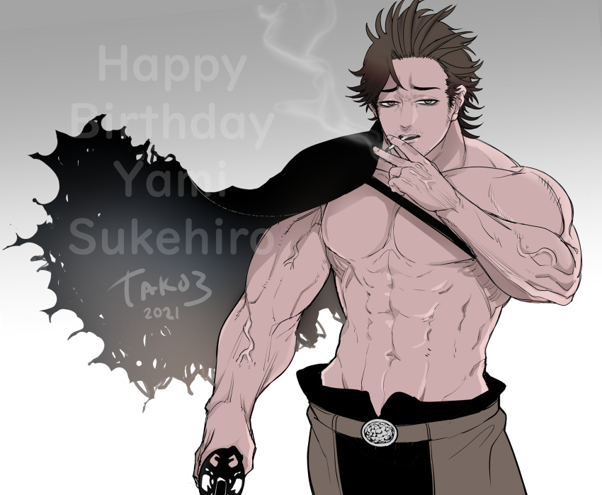 abs, belt_buckle, black_clover, buckle, cigarette, floating_cape, highres, looking_at_viewer, muscular, muscular_male, smoking, sword_hilt, tako3, topless_male, veiny_arms, yami_sukehiro