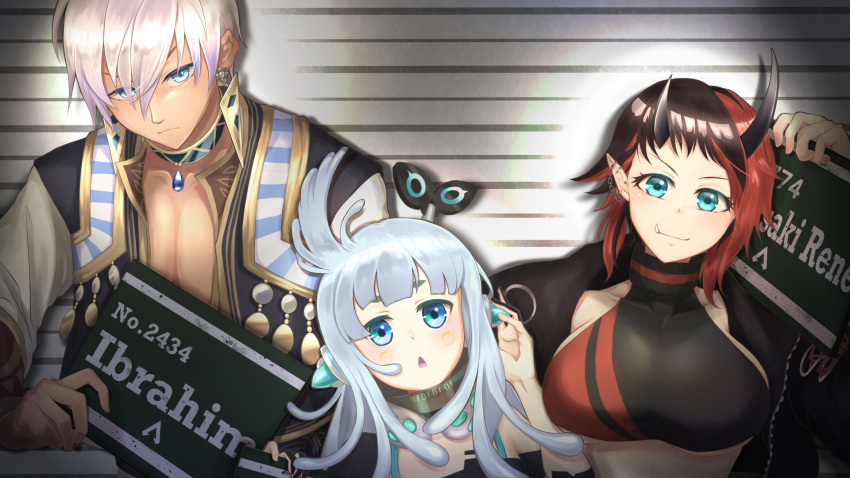 1boy, 2girls, and_uge, apex_legends, bangs, black_hair, black_jacket, black_sports_bra, black_vest, blue_eyes, blunt_bangs, blush, breasts, chain, dark-skinned_male, dark_skin, demon_girl, demon_horns, ear_chain, ear_piercing, earrings, grey_shirt, grin, heicho_ryo, highres, horns, ibrahim_(nijisanji), jacket, jewelry, large_breasts, long_hair, looking_at_viewer, mugshot, multicolored_hair, multiple_girls, nijisanji, open_clothes, open_jacket, open_mouth, piercing, pointy_ears, red_sports_bra, redhead, ryugasaki_rene, shirt, short_hair, smile, sports_bra, sugar_lyric, textless, two-tone_hair, under_boob, upper_body, v_ap_art, vest, virtual_youtuber, white_hair, winding_key, zipper