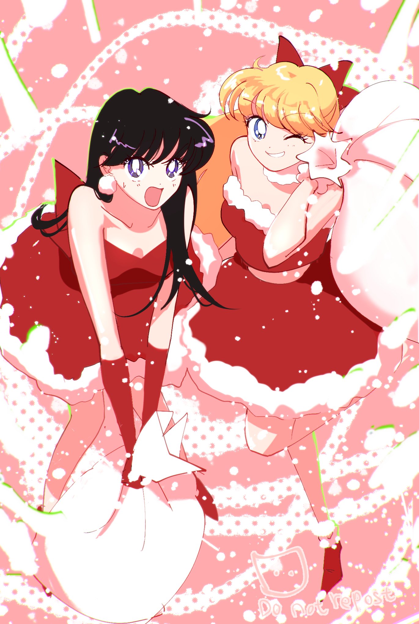 2girls, aino_minako, bare_shoulders, bishoujo_senshi_sailor_moon, black_hair, blonde_hair, blue_eyes, bow