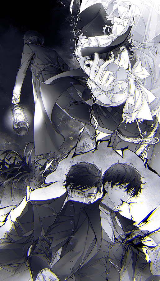 4boys, black_hair, black_suit, bleeding, blood, chinese_commentary, commentary_request, deep_wound