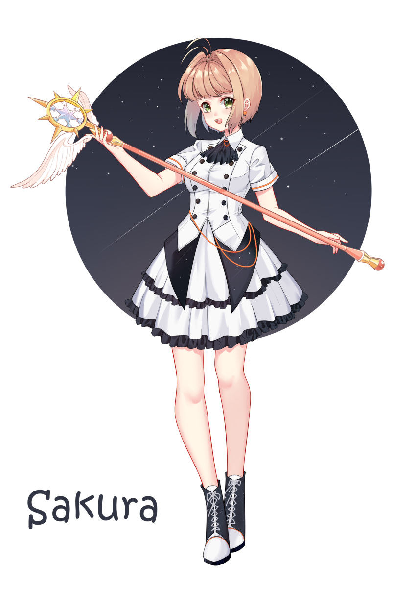 1girl, :d, absurdres, antenna_hair, ascot, bangs, bare_legs, black_ascot, blonde_hair, cardcaptor_sakura, character_name, earrings, frilled_skirt, frills, full_body, green_eyes, hair_intakes, highres, holding, holding_staff, jacket, jewelry, kinomoto_sakura, kyudo_(hysnxas), layered_skirt, miniskirt, pleated_skirt, shiny, shiny_hair, short_hair, short_sleeves, skirt, smile, solo, staff, standing, white_background, white_jacket, white_skirt