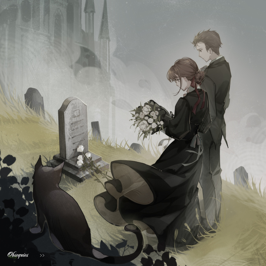 absurdres, benson_moretti, black_dress, bouquet, brother_and_sister, brown_eyes, brown_hair, building, cat, chinese_commentary, commentary_request, dress, flower, fog, grass, graveyard, highres, jacket, lace, looking_down, lord_of_the_mysteries, melissa_moretti, mourning, mourning_dress, no.9_yualuodesi_mimitongxinzhong, short_hair, siblings, signature, tomb, tombstone, wind